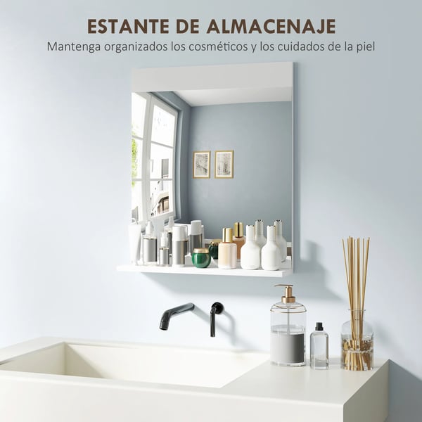 Väggspegel - Rektangulär med öppen hylla - 50x12x60 cm - För badrum och hall - Modern stil - Vit