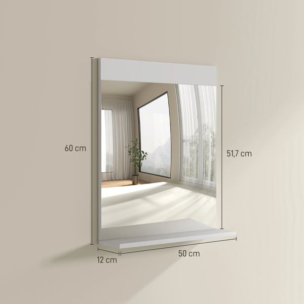 Väggspegel - Rektangulär med öppen hylla - 50x12x60 cm - För badrum och hall - Modern stil - Vit