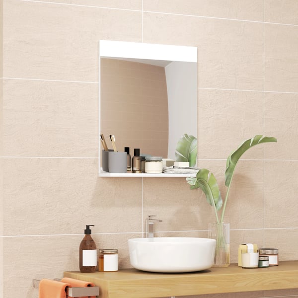 Väggspegel - Rektangulär med öppen hylla - 50x12x60 cm - För badrum och hall - Modern stil - Vit