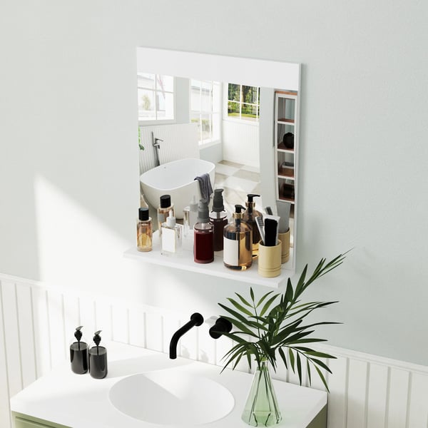Väggspegel - Rektangulär med öppen hylla - 50x12x60 cm - För badrum och hall - Modern stil - Vit