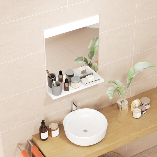 Väggspegel - Rektangulär med öppen hylla - 50x12x60 cm - För badrum och hall - Modern stil - Vit