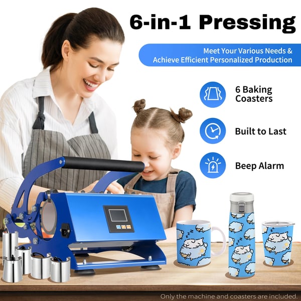 Kruspresse 6‑i‑1 - Sublimerings varmepresse til tumblere/krus - Digital Styring - Automatisk Timer - 8–30 oz - 0–200°C - 500 W - EU‑stik - Blå