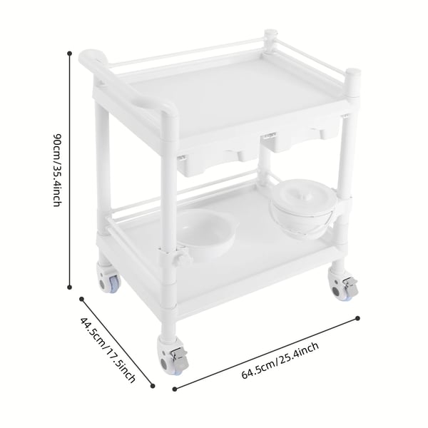 Lääkintävaunu - 2‑tasoinen laboratoriorullavaunu - ABS - 2 Laatikkoa - 90 kg Kantavuus - Suorakulmainen - Valkoinen