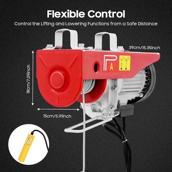 Industriel elektrisk talje - Stålwiretalje - 800 kg Løftekapacitet - 6 m Løftehøjde - 1300 W Kobbermotor - 220 V 50 Hz - Dobbelt Løftefunktion - Rød