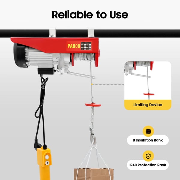 Industriel elektrisk talje - Stålwiretalje - 800 kg Løftekapacitet - 6 m Løftehøjde - 1300 W Kobbermotor - 220 V 50 Hz - Dobbelt Løftefunktion - Rød
