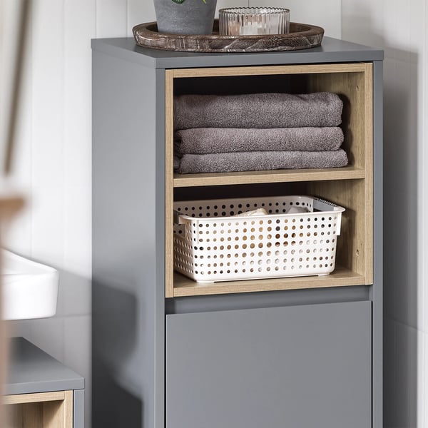 Vasketøjsskab - Smalt badeværelsesskab - Udtrækkelig vasketøjspose - 2 rum - 35x105x30 cm - Mørkegrå