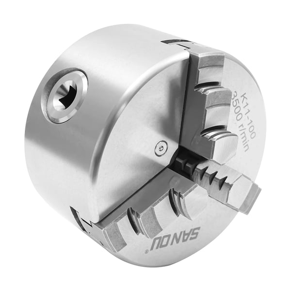 Mini 3-back svarvchuck - Svarvchuck - Manuell - Spännområde 30–90 mm - Genomgående hål 22 mm - HT300 & 20CrMnTi - Hårdhet HRC54 - Silver