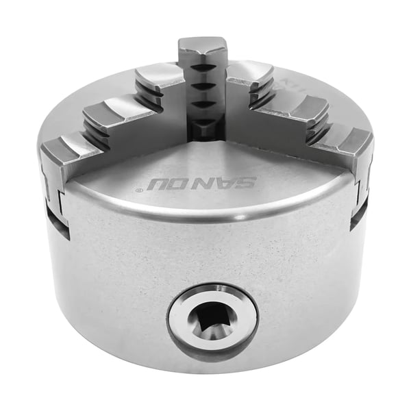 Mini 3-bakket drejepatron - Drejepatron - Manuel - Spændområde 30–90 mm - Gennemgående hul 22 mm - HT300 & 20CrMnTi - Hårdhed HRC54 - Sølv