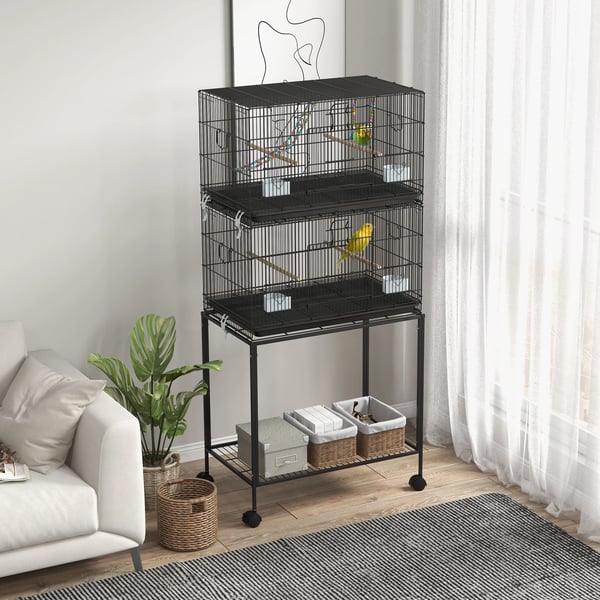 Fågelbur - 77x46x45 cm - Stål, PP-bottenbricka - För undulater & papegojor - Svart