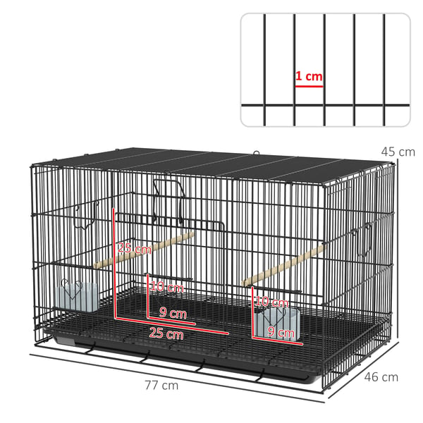 Fågelbur - 77x46x45 cm - Stål, PP-bottenbricka - För undulater & papegojor - Svart