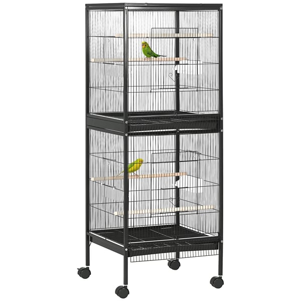 Fågelbur - 2 våningar - Med hjul - Uttagbara brickor - Stål/trä - 51,5x50x140 cm - Svart
