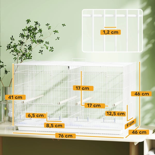 Fågelbur - Bur med avdelare - 4 foderskålar - 4 sittpinnar - Utdragbar bottenbricka - 76×46×46 cm - Vit
