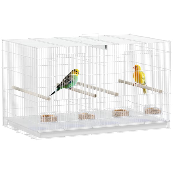 Fågelbur - Bur med avdelare - 4 foderskålar - 4 sittpinnar - Utdragbar bottenbricka - 76×46×46 cm - Vit
