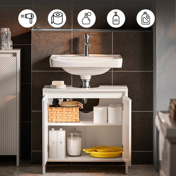 Underskab til håndvask - BZR157-W - Justerbare Hylder - Fugtbestandig - Kompakt Til Små Badeværelser - 60×61×30 cm - Samling Påkrævet - Hvid