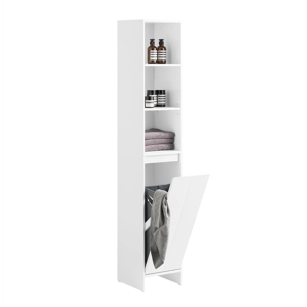 Badeværelsesskab - Højt skab med vasketøjskurv - Justerbare MDF-hylder - Åbne hylder - Smalt 30×170×30 cm - Hvid