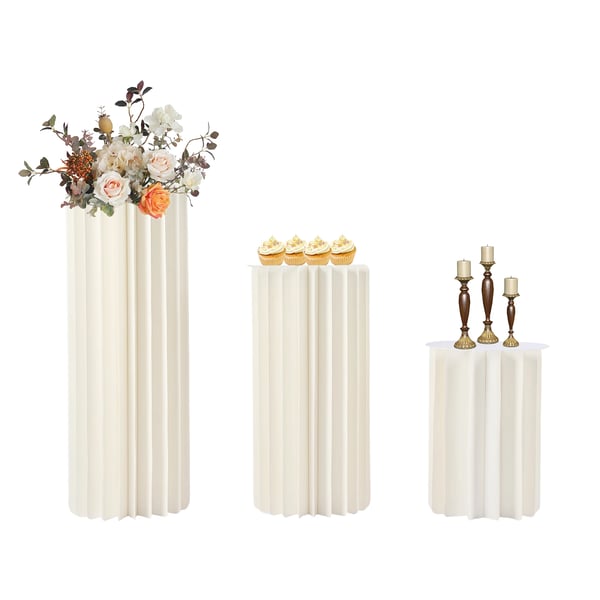 Vikbar bikakepapperskolonn - Cylindrisk piedestalsats - 3-pack - PVC-platta Ø30 cm - 2 mm tjock - Bröllop/fest tårta & blommor - Vit