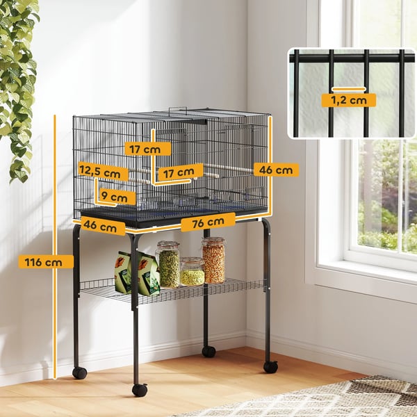 Fågelbur - Rullbar bur med avdelare - Stålkonstruktion, PP-botten - Mått 94 x 57 x 57 cm - För papegojor och kanariefåglar - Svart