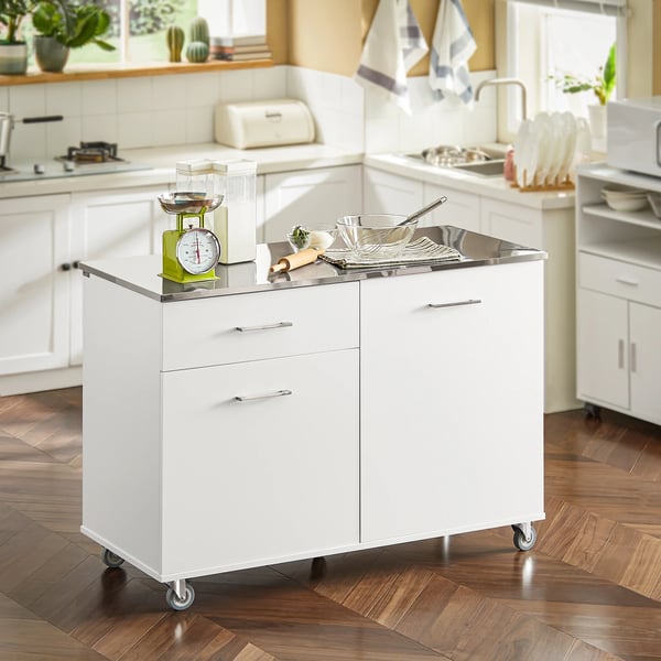 Køkkenø - FKW117-W Serverings-/Barvogn - Rustfri Arbejdsplade - 1 Skuffe - 120x90x56 cm - Med Hjul - Hvid