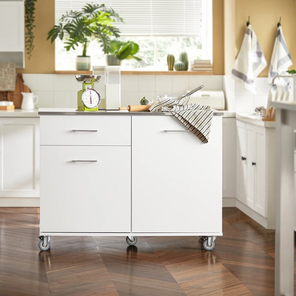 Køkkenø - FKW117-W Serverings-/Barvogn - Rustfri Arbejdsplade - 1 Skuffe - 120x90x56 cm - Med Hjul - Hvid