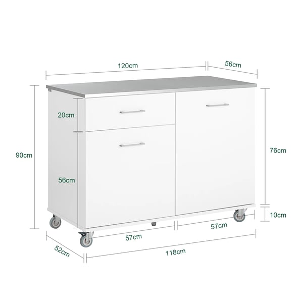 Køkkenø - FKW117-W Serverings-/Barvogn - Rustfri Arbejdsplade - 1 Skuffe - 120x90x56 cm - Med Hjul - Hvid