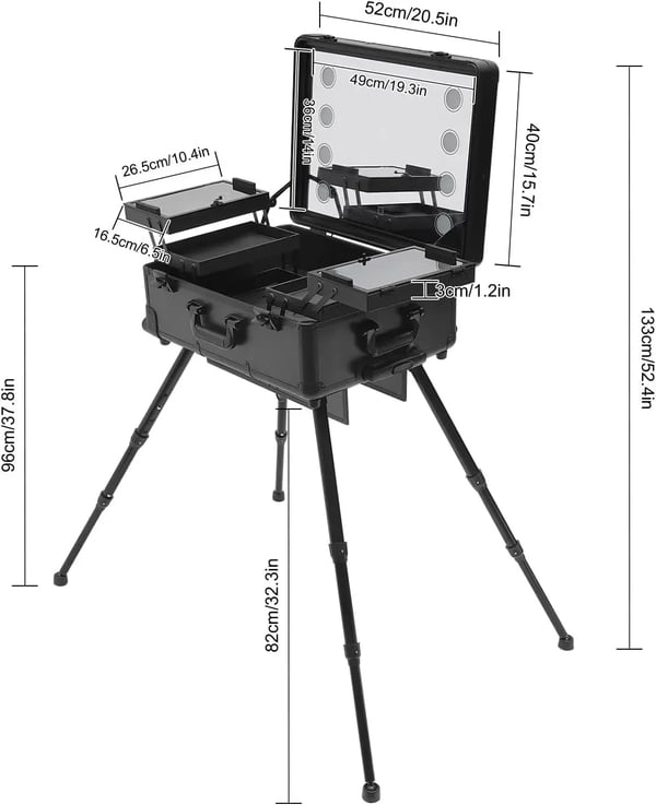 Makeup-kuffert på hjul - Kosmetiktrolley med spejl - LED 8×5W (inkl.) - 12V - Aluminiumlegering - Max belastning 50 kg - Sort