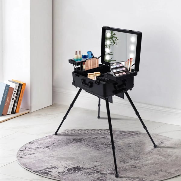 Makeup-kuffert på hjul - Kosmetiktrolley med spejl - LED 8×5W (inkl.) - 12V - Aluminiumlegering - Max belastning 50 kg - Sort