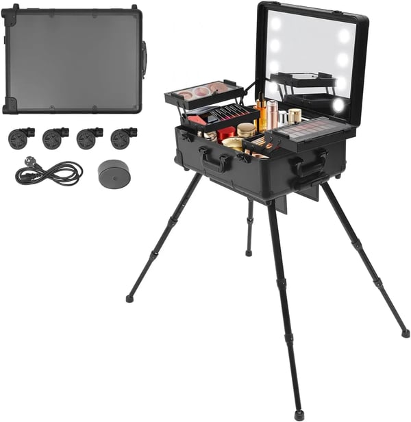 Makeup-kuffert på hjul - Kosmetiktrolley med spejl - LED 8×5W (inkl.) - 12V - Aluminiumlegering - Max belastning 50 kg - Sort