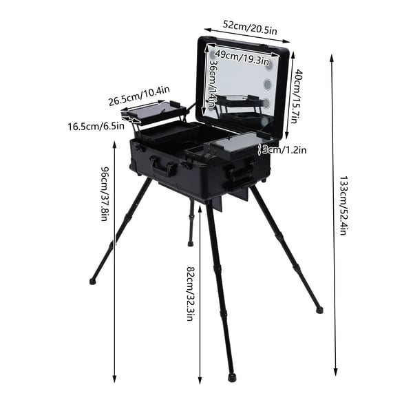 Makeup-kuffert på hjul - Kosmetiktrolley med spejl - LED 8×5W (inkl.) - 12V - Aluminiumlegering - Max belastning 50 kg - Sort
