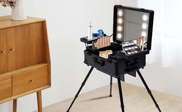 Makeup-kuffert på hjul - Kosmetiktrolley med spejl - LED 8×5W (inkl.) - 12V - Aluminiumlegering - Max belastning 50 kg - Sort