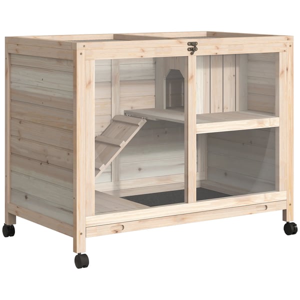 Smådjursbur i trä - Med hjul - Fällbart tak - Utdragbar bottenbricka - 91,5 × 53,3 × 73 cm - Mörk khaki