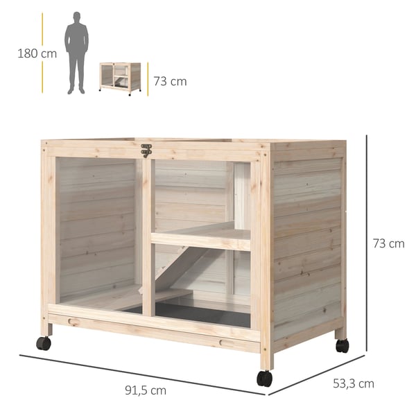 Smådjursbur i trä - Med hjul - Fällbart tak - Utdragbar bottenbricka - 91,5 × 53,3 × 73 cm - Mörk khaki