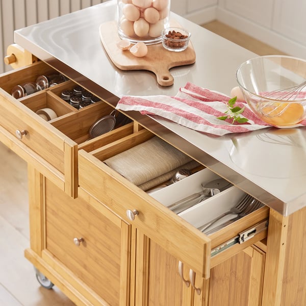 Keittiösaari pyörillä - FKW70-N - Ruostumaton terästaso, laatikot, baarikärry, 115×92×46 cm - Kulta