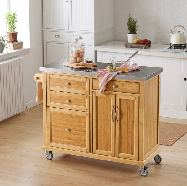 Keittiösaari pyörillä - FKW70-N - Ruostumaton terästaso, laatikot, baarikärry, 115×92×46 cm - Kulta