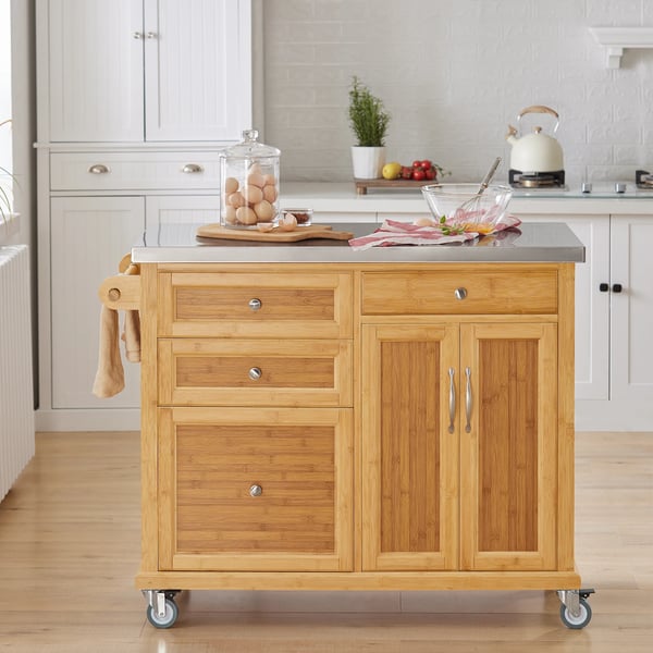 Keittiösaari pyörillä - FKW70-N - Ruostumaton terästaso, laatikot, baarikärry, 115×92×46 cm - Kulta