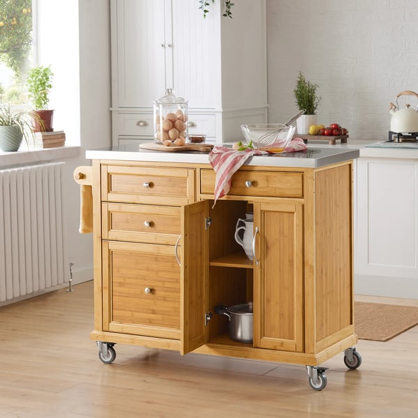 Keittiösaari pyörillä - FKW70-N - Ruostumaton terästaso, laatikot, baarikärry, 115×92×46 cm - Kulta