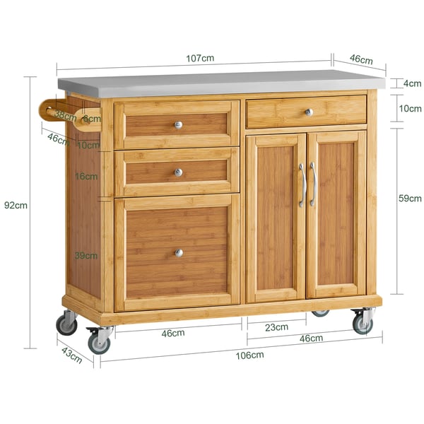 Keittiösaari pyörillä - FKW70-N - Ruostumaton terästaso, laatikot, baarikärry, 115×92×46 cm - Kulta