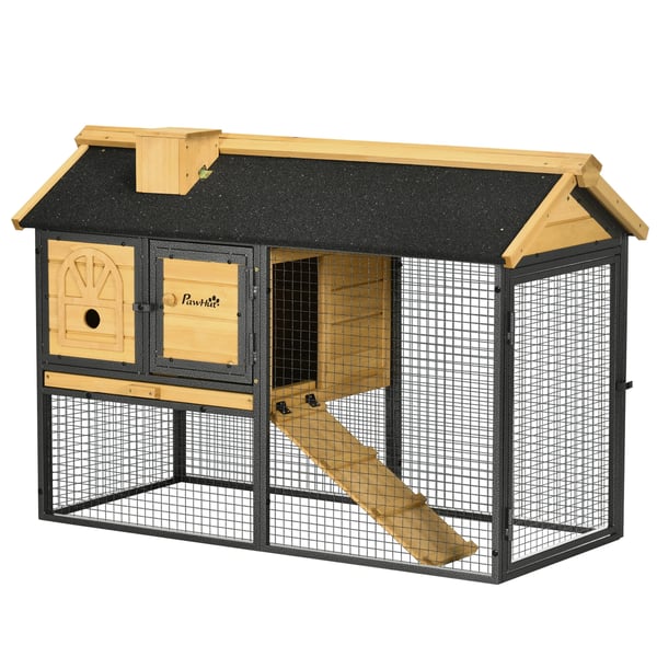 Kaninbur i trä - Smådjurshus - Med öppen yta och ramp - 120×55,5×80 cm - Mörk khaki
