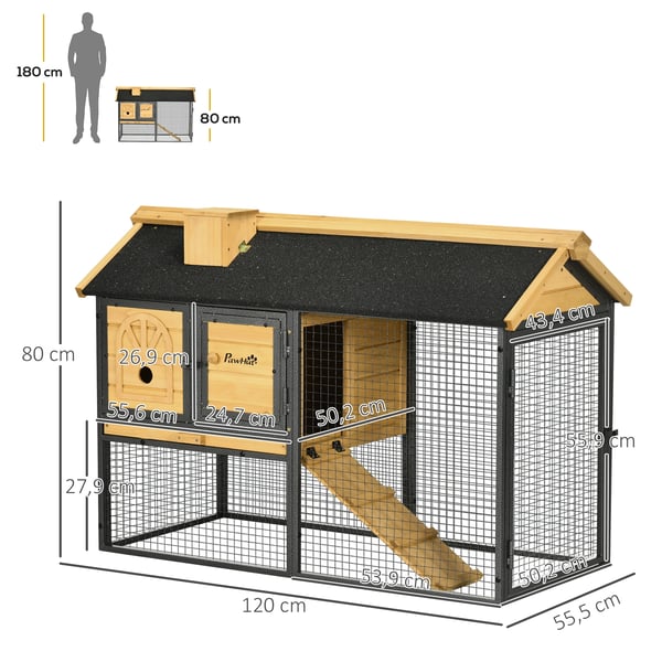 Kaninbur i trä - Smådjurshus - Med öppen yta och ramp - 120×55,5×80 cm - Mörk khaki
