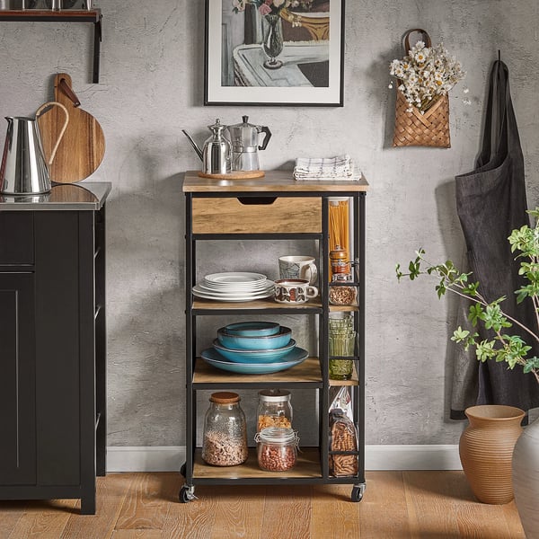 FKW99-N Serveringsvogn - Køkkenvogn - 6 Hylder - 1 Skuffe - 50x87x37 cm - Samling kræves - Brun Natur