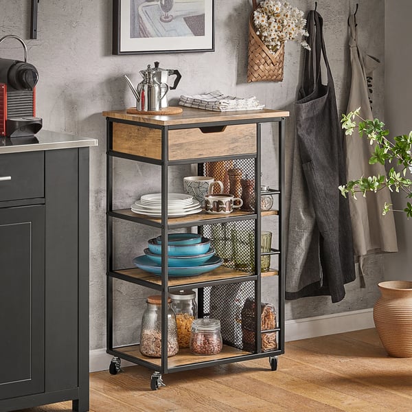 FKW99-N Serveringsvogn - Køkkenvogn - 6 Hylder - 1 Skuffe - 50x87x37 cm - Samling kræves - Brun Natur