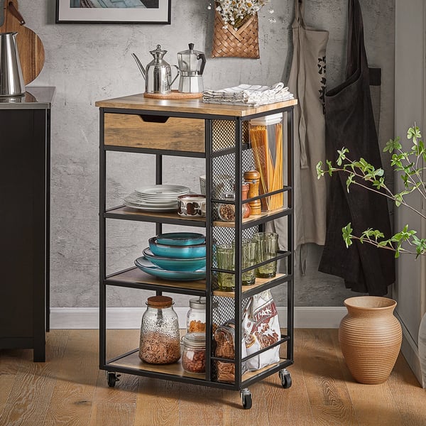 FKW99-N Serveringsvogn - Køkkenvogn - 6 Hylder - 1 Skuffe - 50x87x37 cm - Samling kræves - Brun Natur
