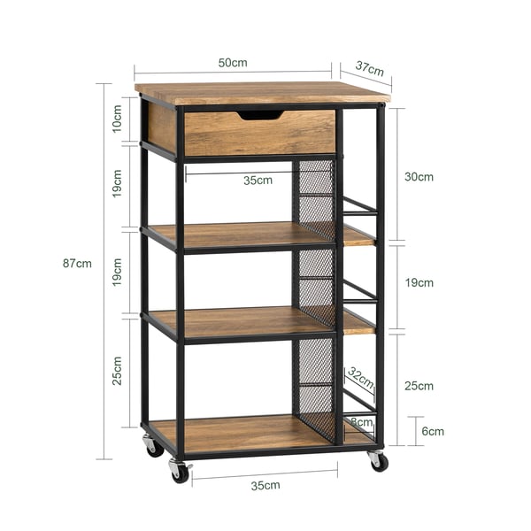 FKW99-N Serveringsvogn - Køkkenvogn - 6 Hylder - 1 Skuffe - 50x87x37 cm - Samling kræves - Brun Natur