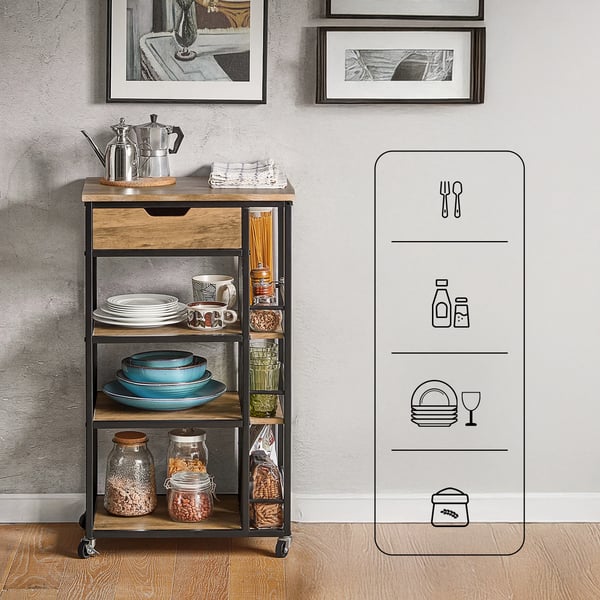 FKW99-N Serveringsvogn - Køkkenvogn - 6 Hylder - 1 Skuffe - 50x87x37 cm - Samling kræves - Brun Natur