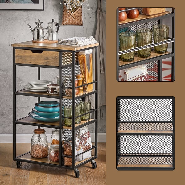 FKW99-N Serveringsvogn - Køkkenvogn - 6 Hylder - 1 Skuffe - 50x87x37 cm - Samling kræves - Brun Natur