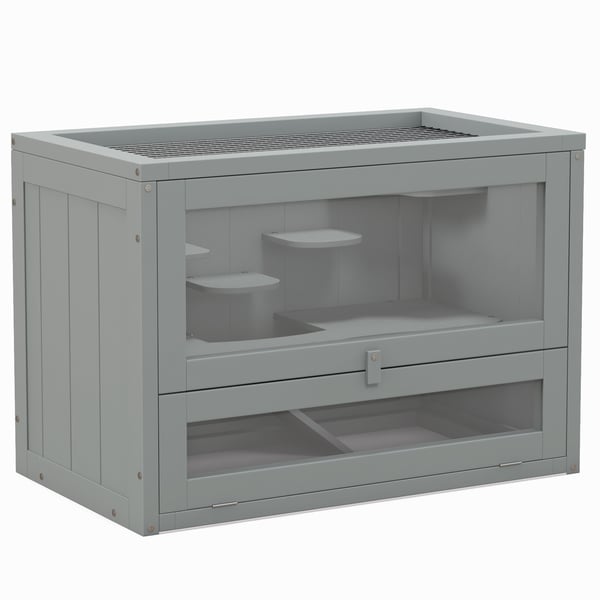 Hamsterbur för smådjur - Trähus med 2 våningar - Plattformar och trappor - 60×35×42 cm - Grå