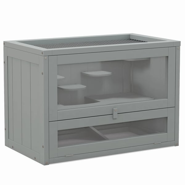 Hamsterbur för smådjur - Trähus med 2 våningar - Plattformar och trappor - 60×35×42 cm - Grå