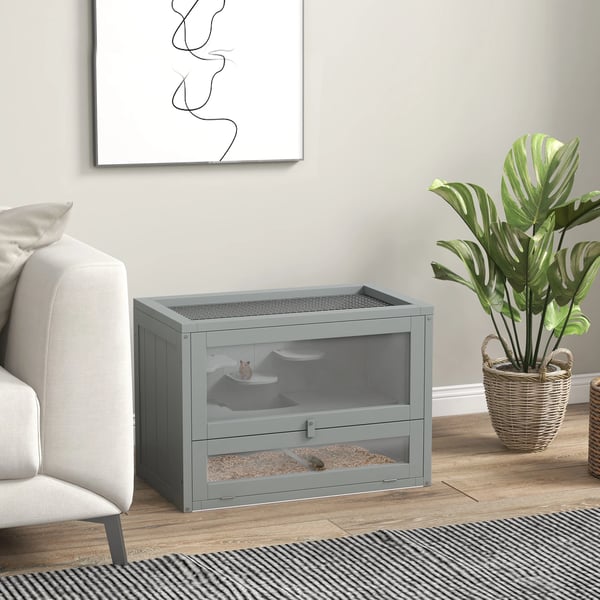 Hamsterbur för smådjur - Trähus med 2 våningar - Plattformar och trappor - 60×35×42 cm - Grå