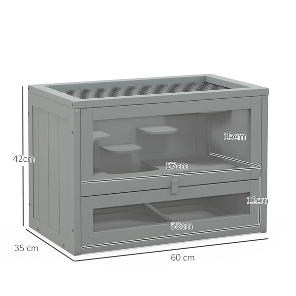 Hamsterbur för smådjur - Trähus med 2 våningar - Plattformar och trappor - 60×35×42 cm - Grå