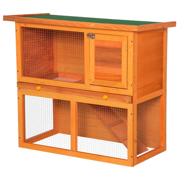 Kaninbur i trä - 2-våningsbur - Fällbart tak - Utdragbar bricka - 90 x 45 x 80 cm - Brun