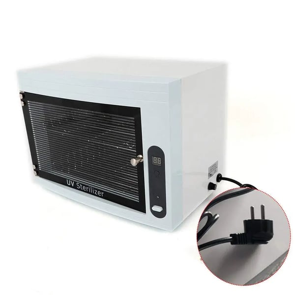 UV steriliseringsskab - 10 L - Timer 30/60/90 min - 220–240 V 50 Hz - 9 W - Til metalværktøj i salon - 34,2×21,5×25 cm - Hvid